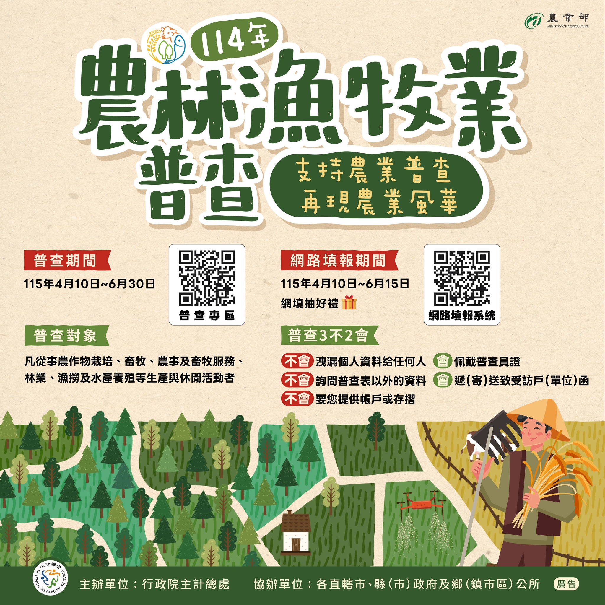 114年農林漁牧業普查來囉！4月10日正式開始，請大家協助配合！